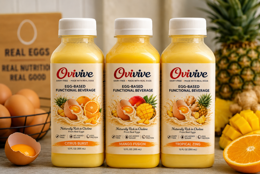 Three bottles of Ovivive egg-based functional beverages in citrus, mango and tropical flavors, displayed with eggs and fresh fruit.