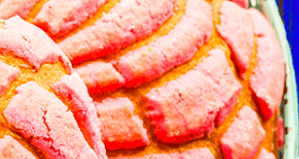 A close-up of a Mexican concha sweet bread featuring a bright pink, seashell-patterned sugar topping over a golden crust.